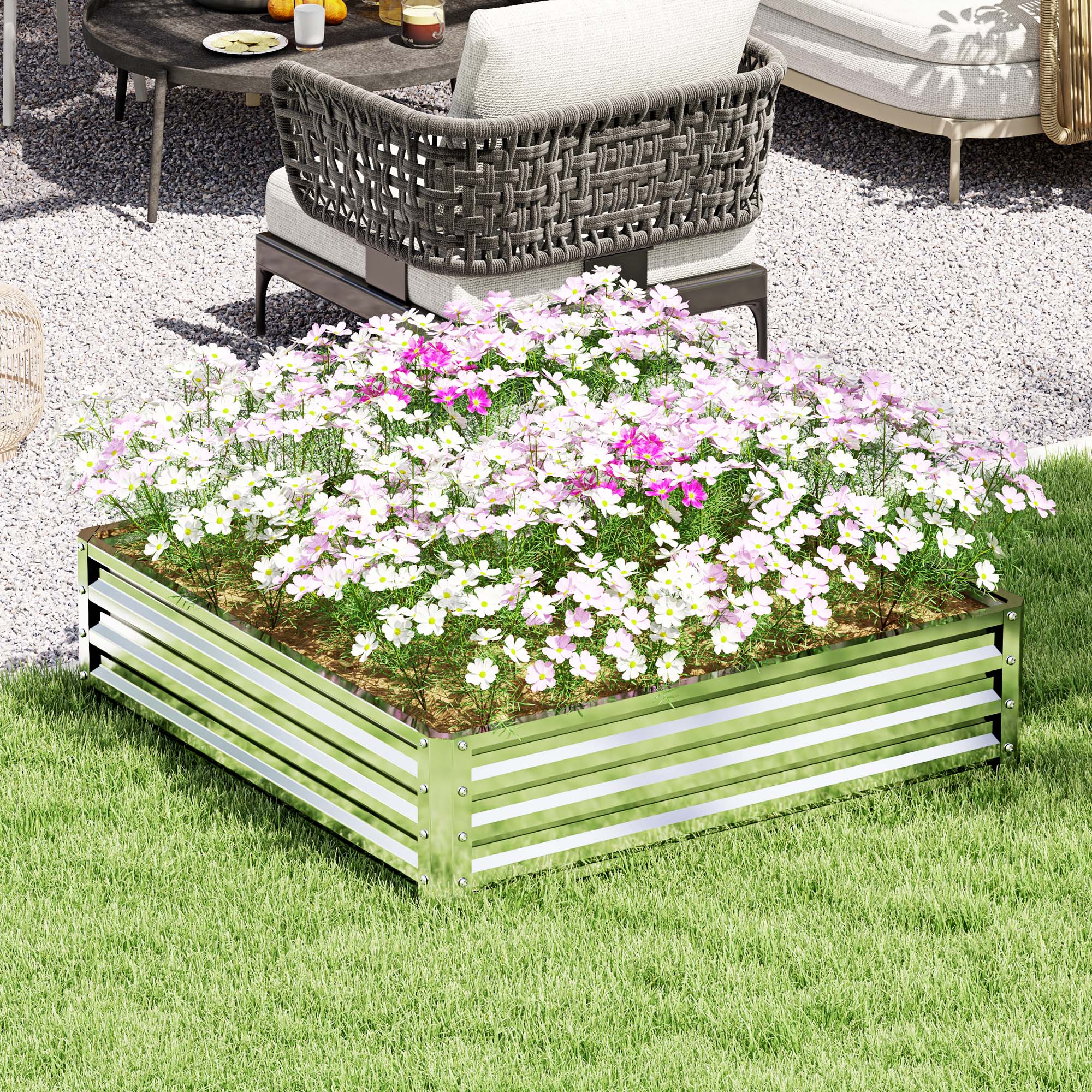 Outsunny Square Raised Garden Bed Box with Weatherized Steel Frame for Vegetables, Flowers, & Herbs, 120 x 120 x 30cm, Silver Tone 