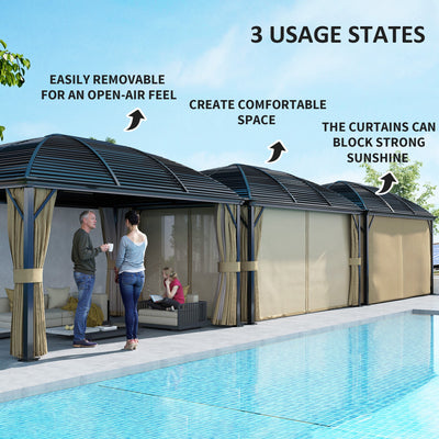 Outsunny 3 x 4m Hardtop Gazebo Canopy with Metal Roof, Aluminium Gazebo Permanent Pavilion with Netting and Curtains, Brown 