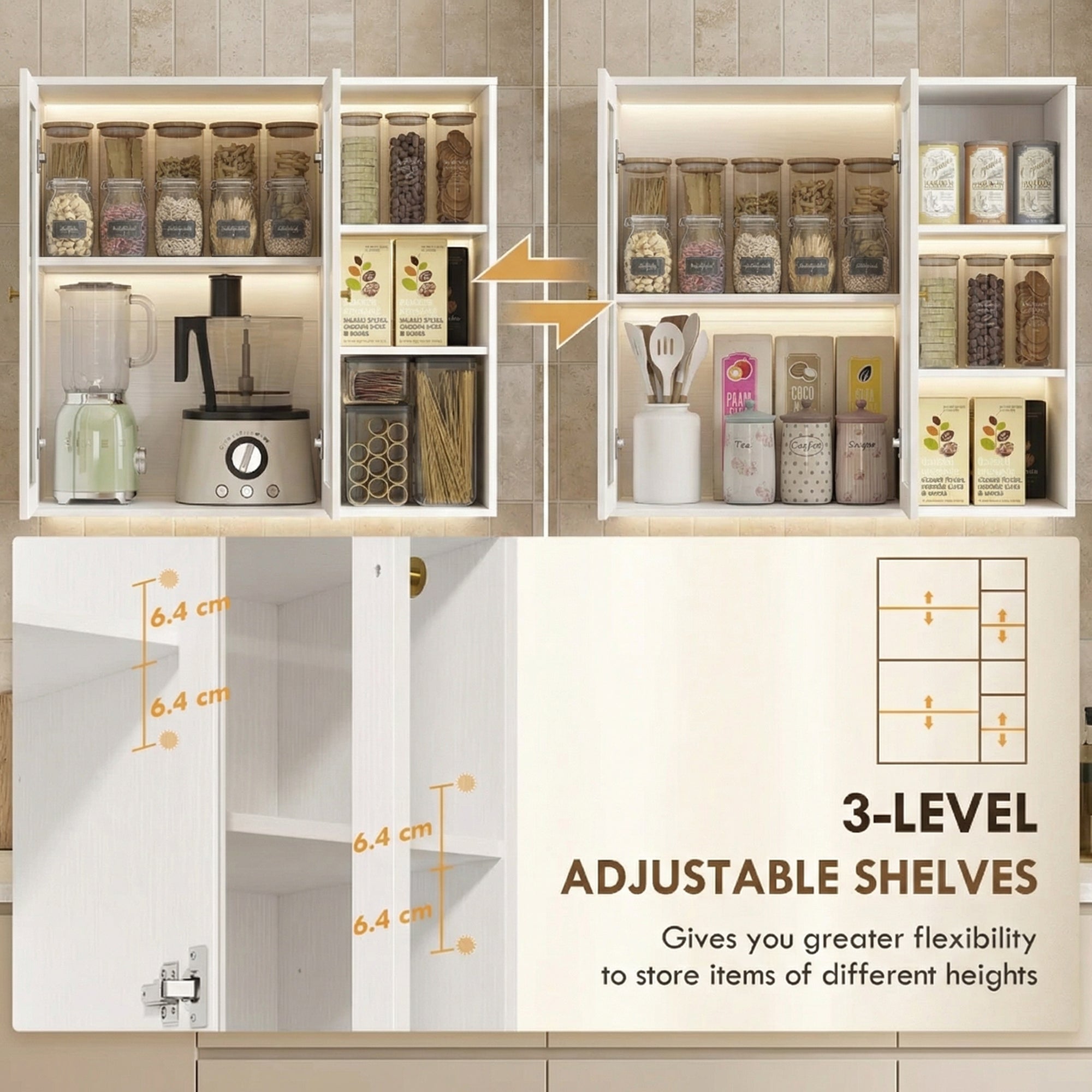 HOMCOM Multi-Storage Kitchen Cabinet, with Glass Doors - White Wood-Effect 