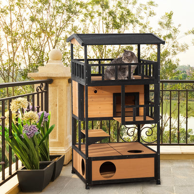 PawHut Wooden Outdoor Cat House 3-Tier for Winter Kitten Shelter Lodge w/ Tilted Roof Terrace Jump Step Bottom Tray Elevated Base Waterproof Paint Yellow 