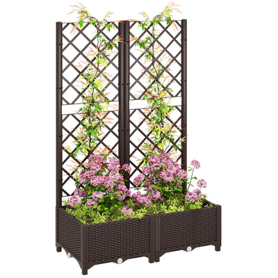 Outsunny Raised Garden Bed with Trellis, Plastic Planter Box with Drainage Holes and Drain Plugs for Climbing Plants, Vegetables, Flowers, Brown 