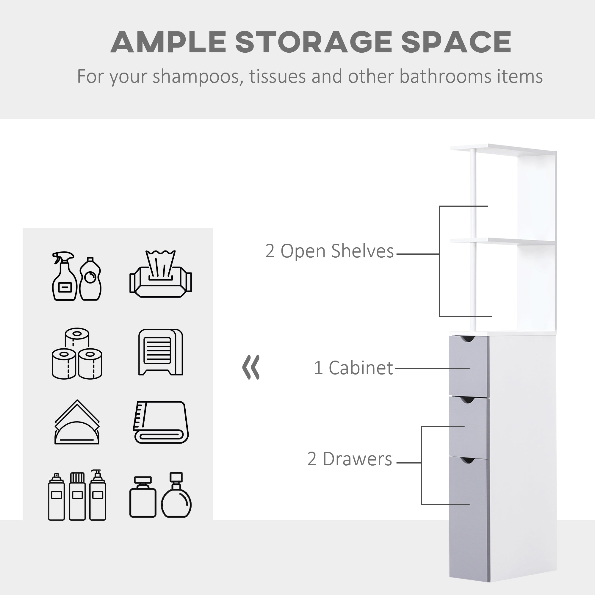 HOMCOM Tall Bathroom Cabinet, Freestanding Bathroom Storage Cabinet with 2-Tier Shelf and Drawers, Narrow Cupboard Storage Unit, White, Grey 