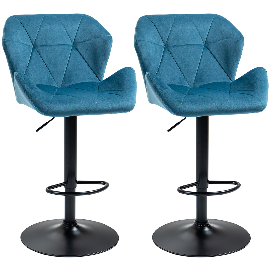 HOMCOM Bar Stools Set Of 2, Luxurious Velvet-Touch Barstools with Metal Frame Footrest Round Base Triangle Indenting Moulded Seat Adjustable Height Swivel Blue 