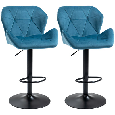 HOMCOM Bar Stools Set Of 2, Luxurious Velvet-Touch Barstools with Metal Frame Footrest Round Base Triangle Indenting Moulded Seat Adjustable Height Swivel Blue 