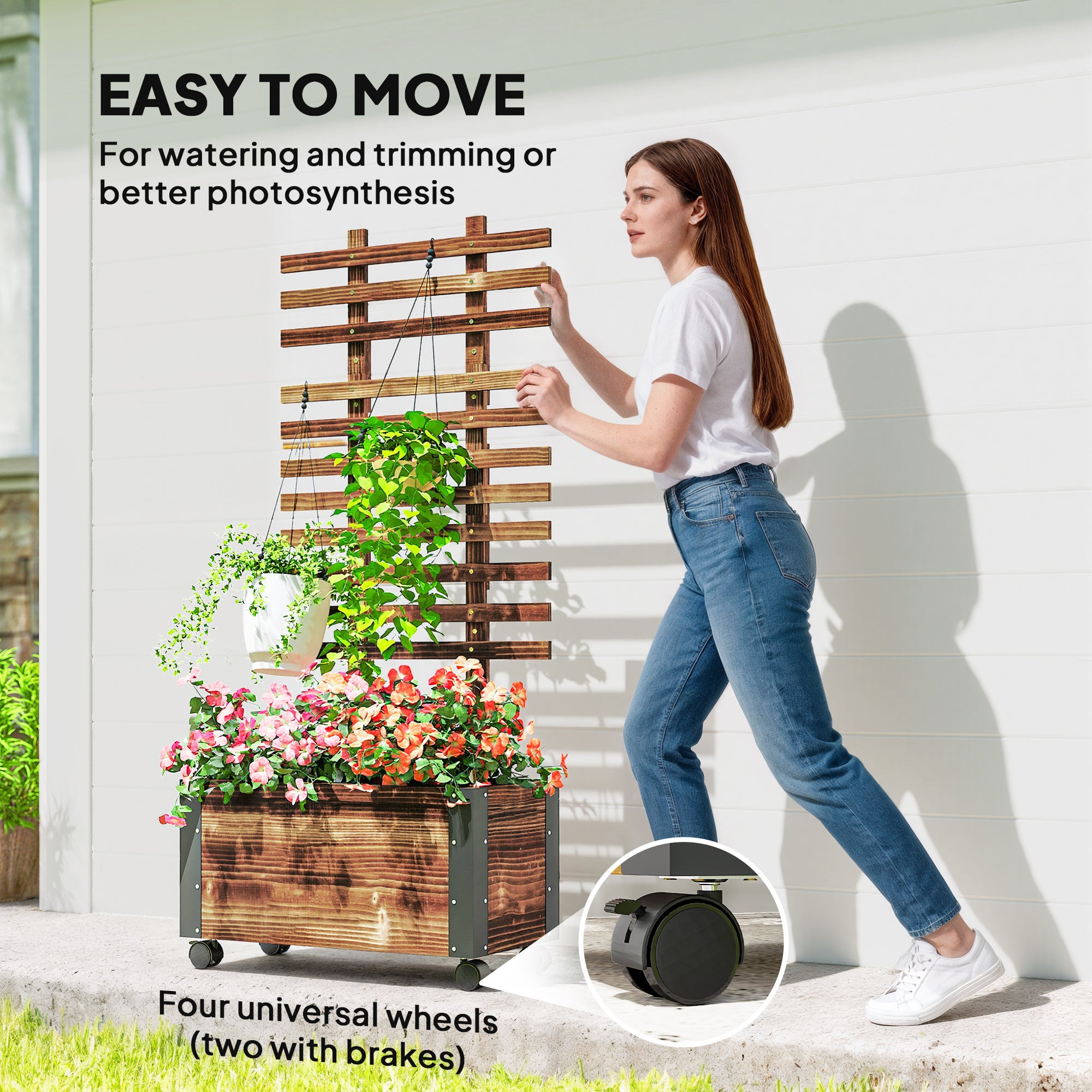 Outsunny Raised Garden Bed with Trellis, Outdoor Wooden Planter Box with Metal Corners and Wheels, Raised Bed for Garden 