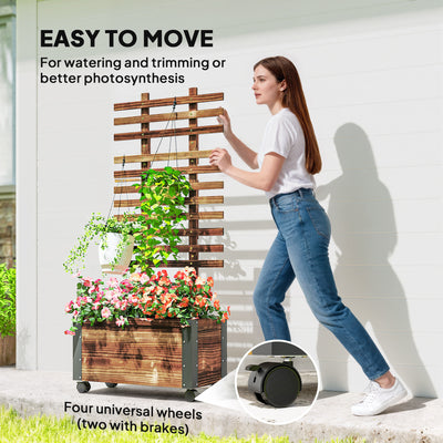 Outsunny Raised Garden Bed with Trellis, Outdoor Wooden Planter Box with Metal Corners and Wheels, Raised Bed for Garden 