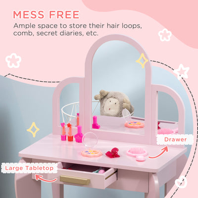 HOMCOM Kids Dressing Table Set, with Mirror and Drawer - Pink 