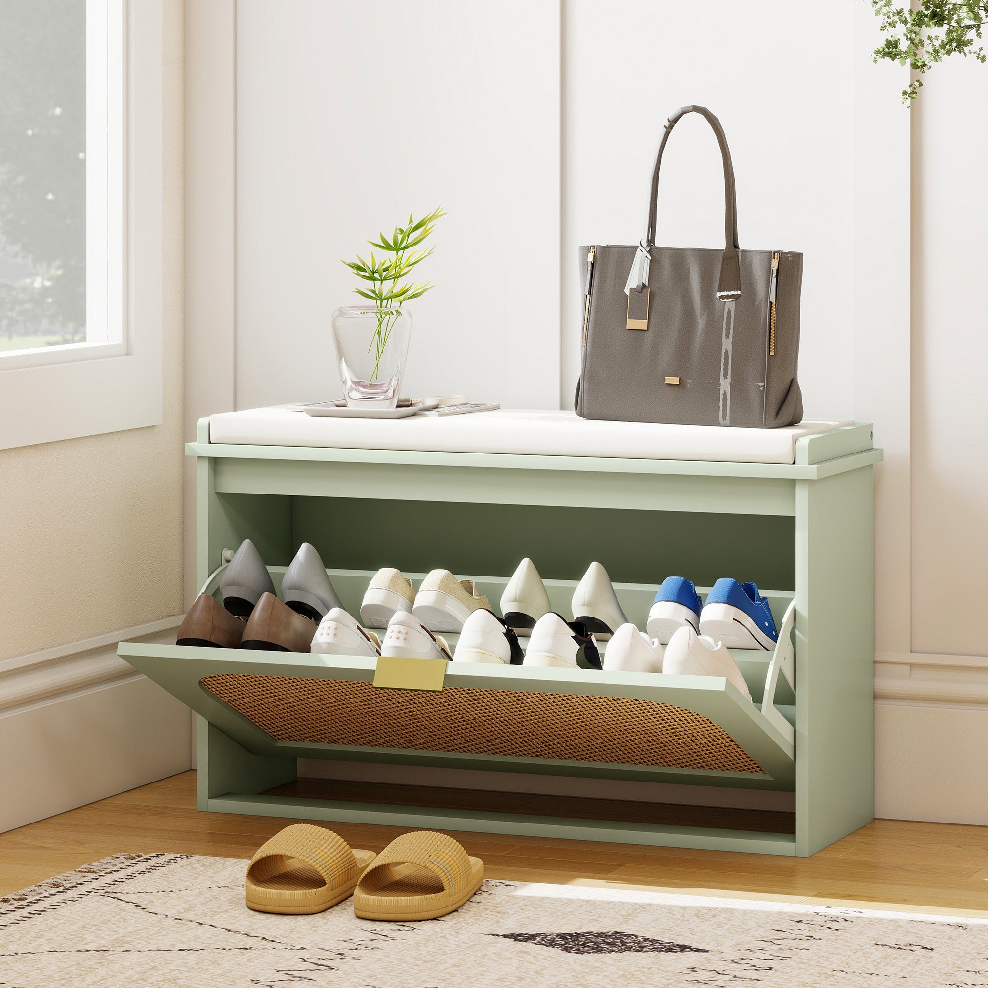 HOMCOM Boho Shoe Bench with Padded Seat and Flip-Drawer - Light Green