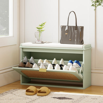 HOMCOM Boho Shoe Bench with Padded Seat and Flip-Drawer - Light Green 