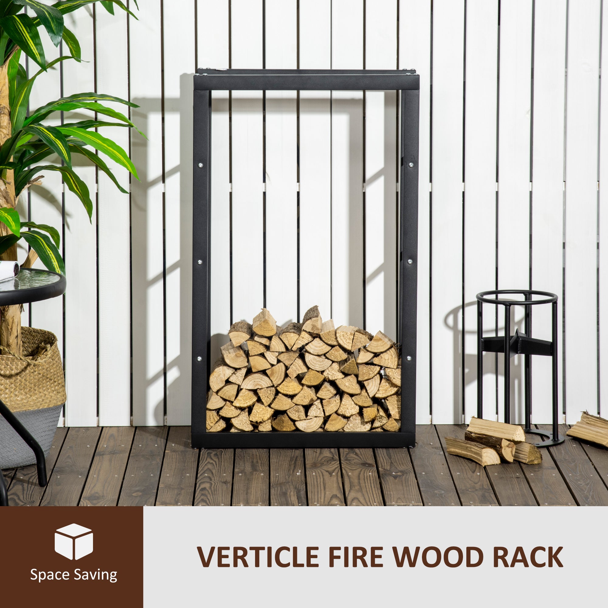 HOMCOM Metal Firewood Log Holder Tall Firewood Rack Indoor Outdoor Fireplace Wood Storage Shelf with Side Rails, Rust-Resistant, Black, 60W x 25D x 100H cm 