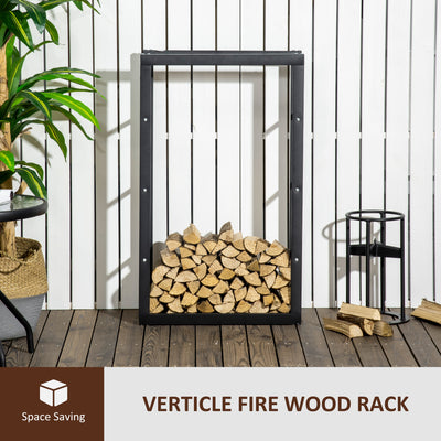 HOMCOM Metal Firewood Log Holder Tall Firewood Rack Indoor Outdoor Fireplace Wood Storage Shelf with Side Rails, Rust-Resistant, Black, 60W x 25D x 100H cm 