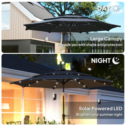 Outsunny 3-Tier Garden Parasol with Solar LED Lights, UPF 30+, Tilt Mechanism & Crank Handle, for Market Terrace, Dark Grey 