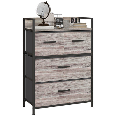 HOMCOM Rustic Chest of Four Fabric Drawers - Grey Wood Effect 