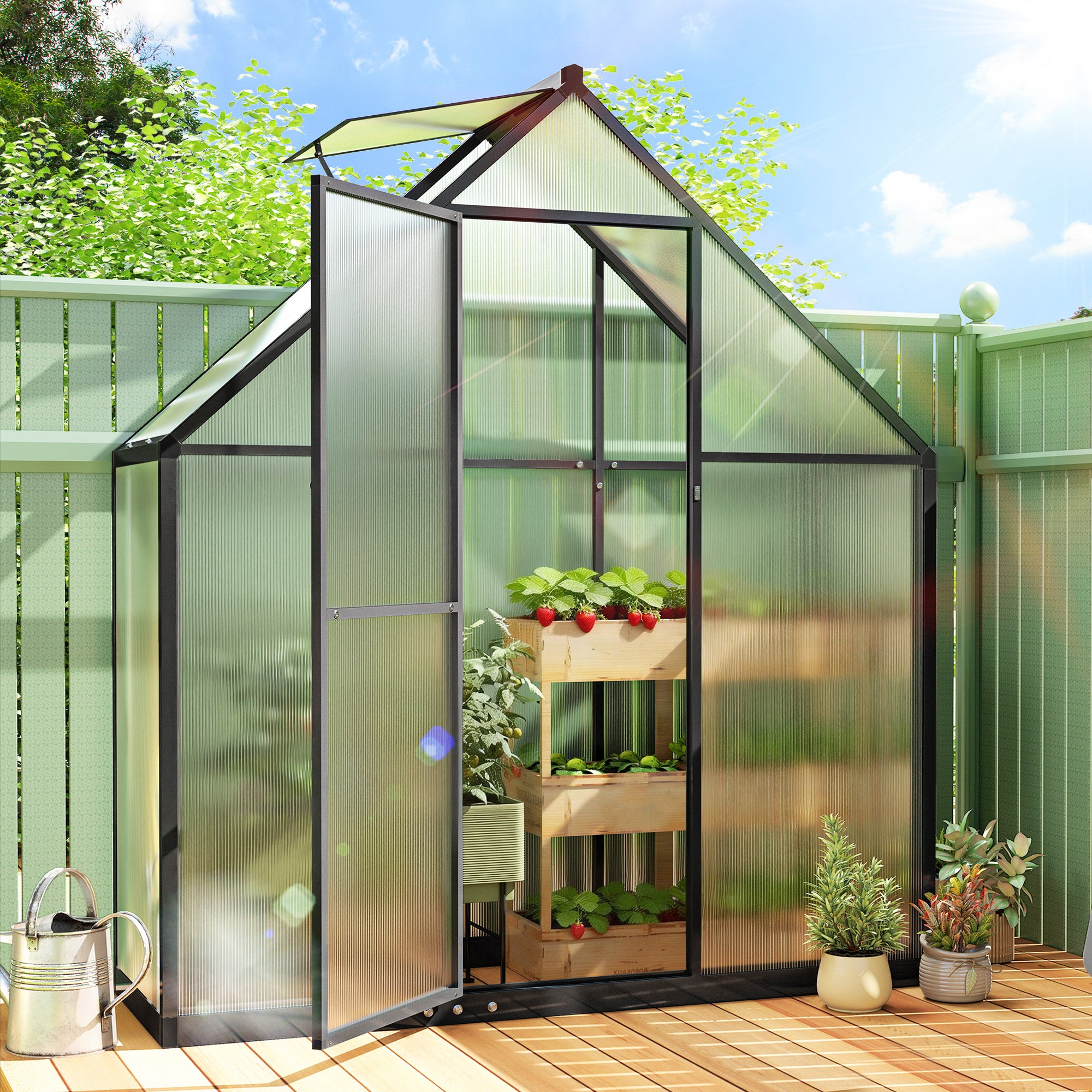 Outsunny Polycarbonate Greenhouse with Swing Door and Adjustable Window, Walk-in Greenhouse, 5.5 x 2ft, Black 