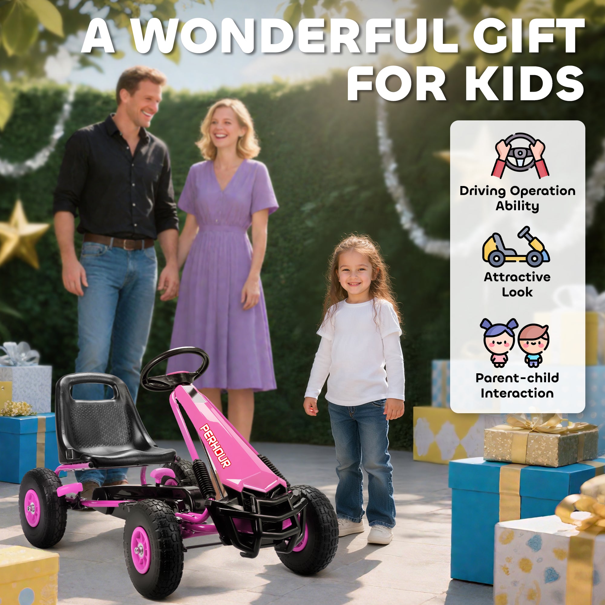 AIYAPLAY Kids Pedal Go Kart with Adjustable Seat, EVA Tyres, Manual Clutch, Brake, Go Kart for Kids 3-8 Years, Pink 