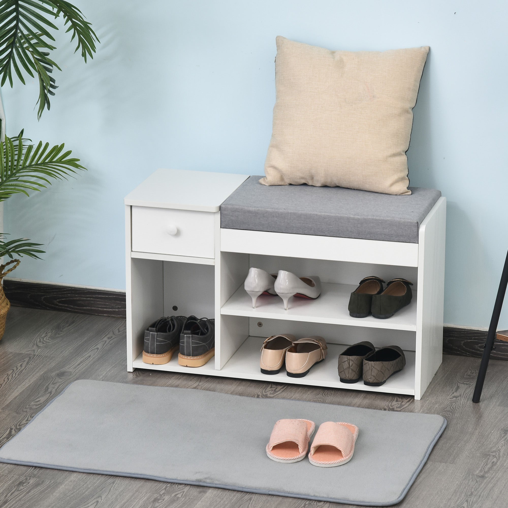 HOMCOM Multi-Storage Shoe Bench w/ Drawer 3 Compartments Cushioned Home Organisation Furniture Tidy Boots Hallway Entryway White 