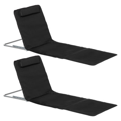Outsunny Set of 2 Foldable Garden Beach Chair Mat Lightweight Outdoor Sun Lounger Seats Adjustable Back Metal Frame PE Fabric Head Pillow w/ Carry Bag, Black 