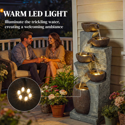 Outsunny Outdoor Fountain with 5-Tier, Garden Fountain with LED Lights, Adjustable Flow, Grey and Rustic Brown 