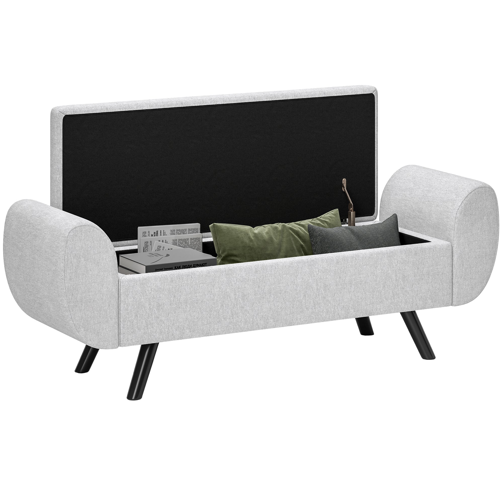 HOMCOM Storage Ottoman with Armrest, Upholstered Linen Storage Bench, Window Seat with Rubberwood Legs, Footstool for Bedroom Living Room, Hallway, Light Grey 