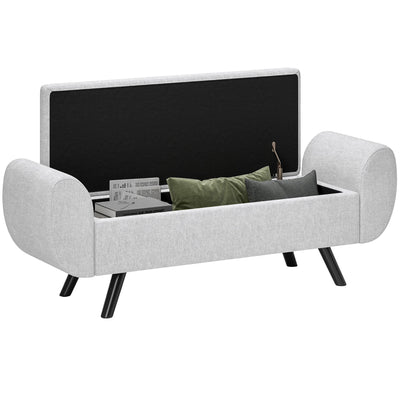 HOMCOM Storage Ottoman with Armrest, Upholstered Linen Storage Bench, Window Seat with Rubberwood Legs, Footstool for Bedroom Living Room, Hallway, Light Grey 