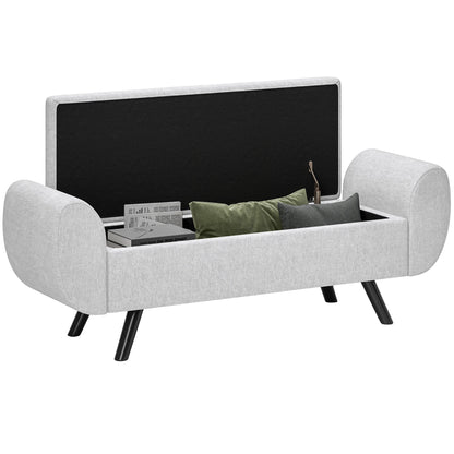 HOMCOM Storage Ottoman with Armrest, Upholstered Linen Storage Bench, Window Seat with Rubberwood Legs, Footstool for Bedroom Living Room, Hallway, Light Grey 