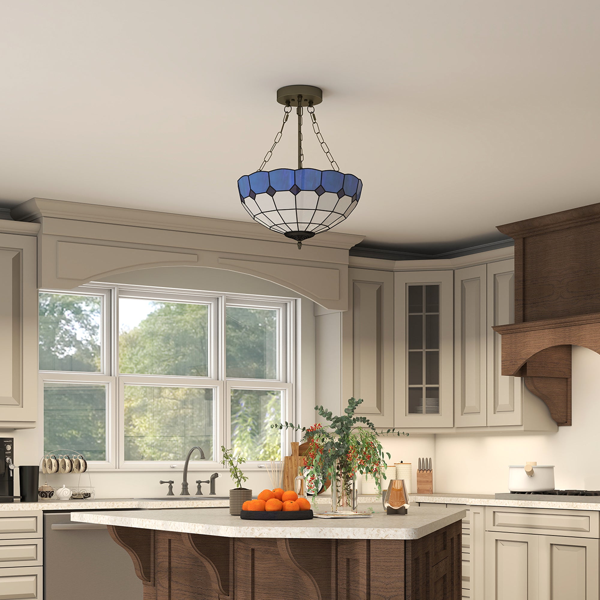 HOMCOM Tiffany Style Ceiling Light, Vintage Chandelier with 3 E27 Sockets, Semi Flush Mount for Living Room, Bulbs Not Included 