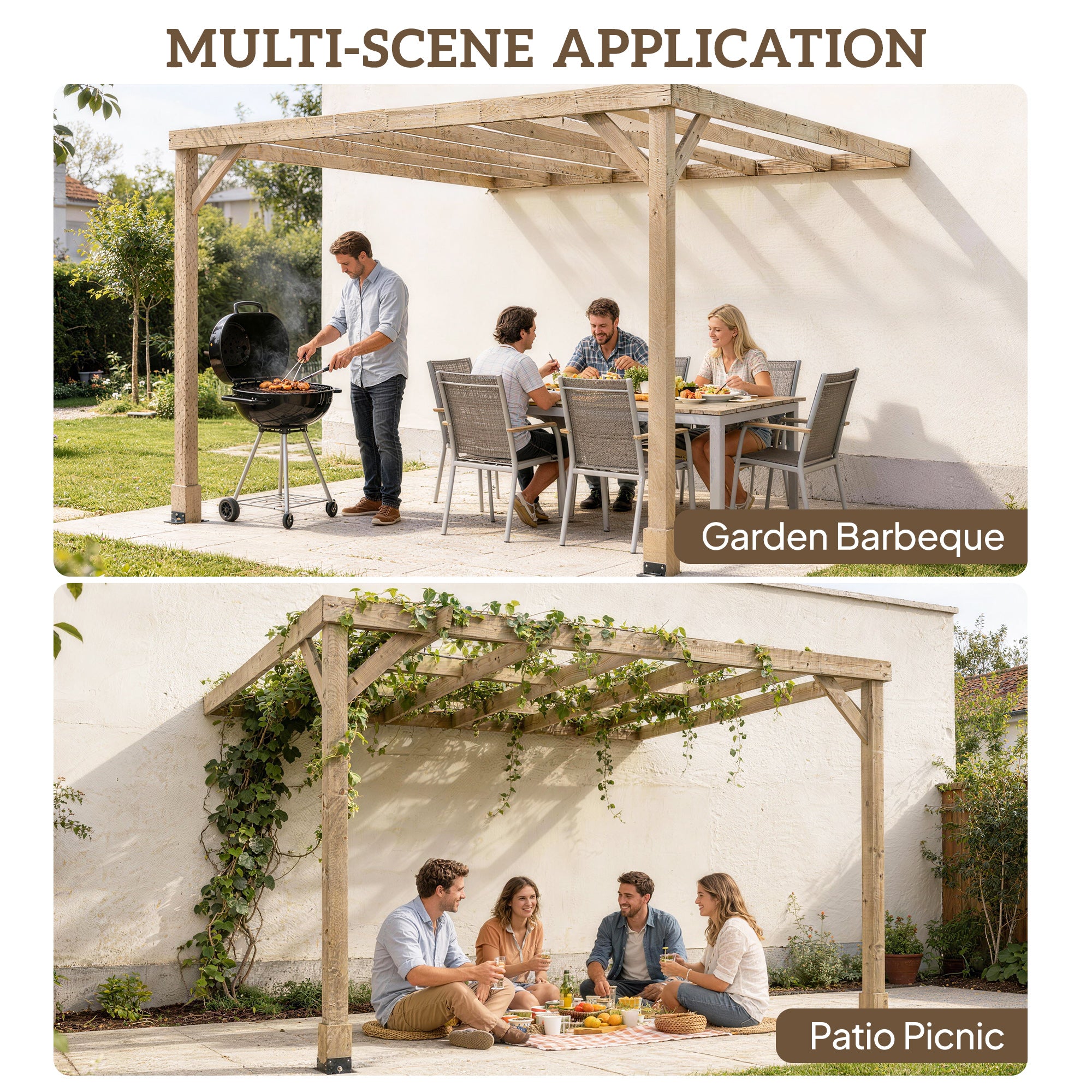 Outsunny Lean-To Wooden Pergola Kit, Decorative Garden Gazebo with Stable Structure and Concrete Anchors, 3 x 3 m, Light Brown 