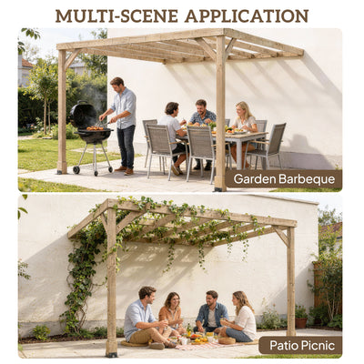 Outsunny Lean-To Wooden Pergola Kit, Decorative Garden Gazebo with Stable Structure and Concrete Anchors, 3 x 3 m, Light Brown 