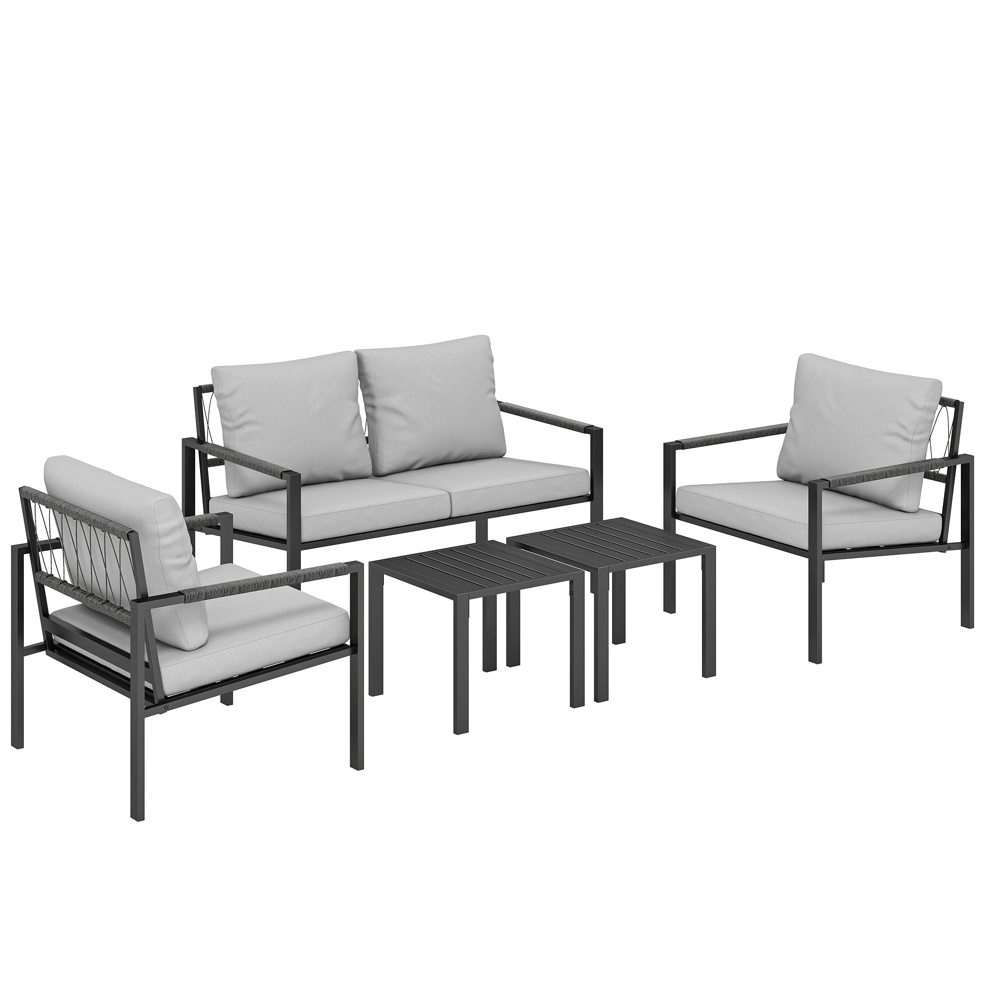 Outsunny 5 Piece Metal Garden Furniture Sofa Set with Thickened Cushions, Loveseat, 2 Armchairs, 2 Coffee Tables, Light Grey 