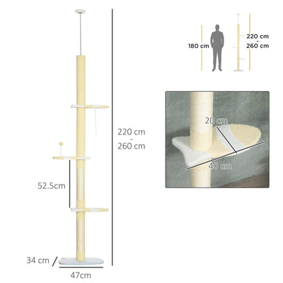 PawHut 260cm Adjustable Floor-To-Ceiling Cat Tree w/ Anti-Tipping Kit, Toy Ball 