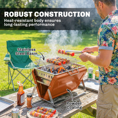 Outsunny Charcoal BBQ Grill Portable Stainless Steel Barbecue with Tilting Grate for Camping Picnic Garden Orange 
