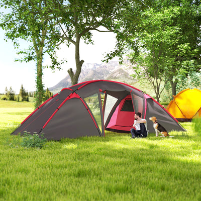 Outsunny 4-6 Man Family Camping Tent w/ 2 Bedrooms and a Living Room, Waterproof Tunnel Tent w/ Sewn In Groundsheet, Doors, Windows, Carry Bag, Grey 