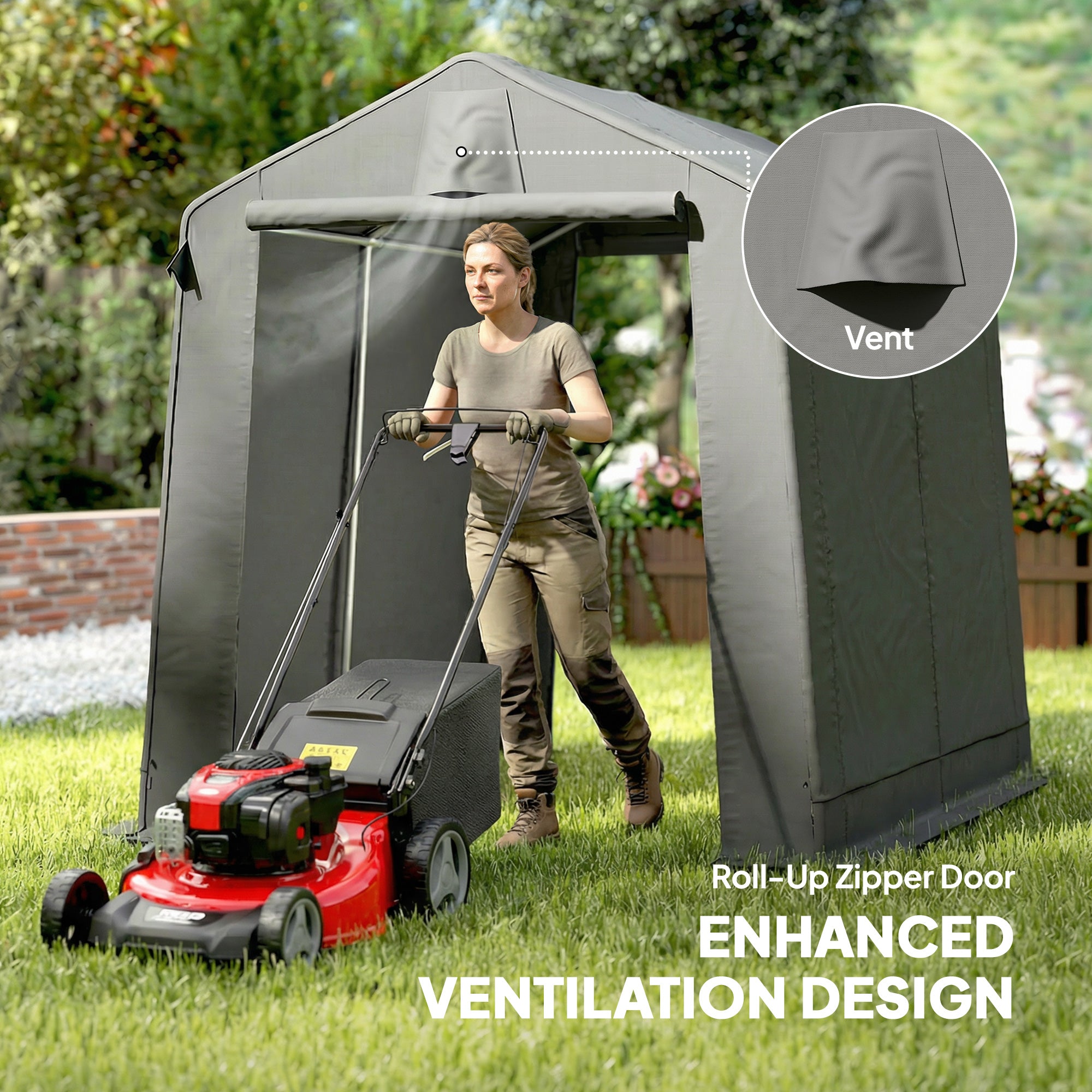 Outsunny 7.5 x 6.2 ft Outdoor Garden Storage Shed, Waterproof Bike Tent with Roll-Up Zipper Door and Vent, Dark Grey 