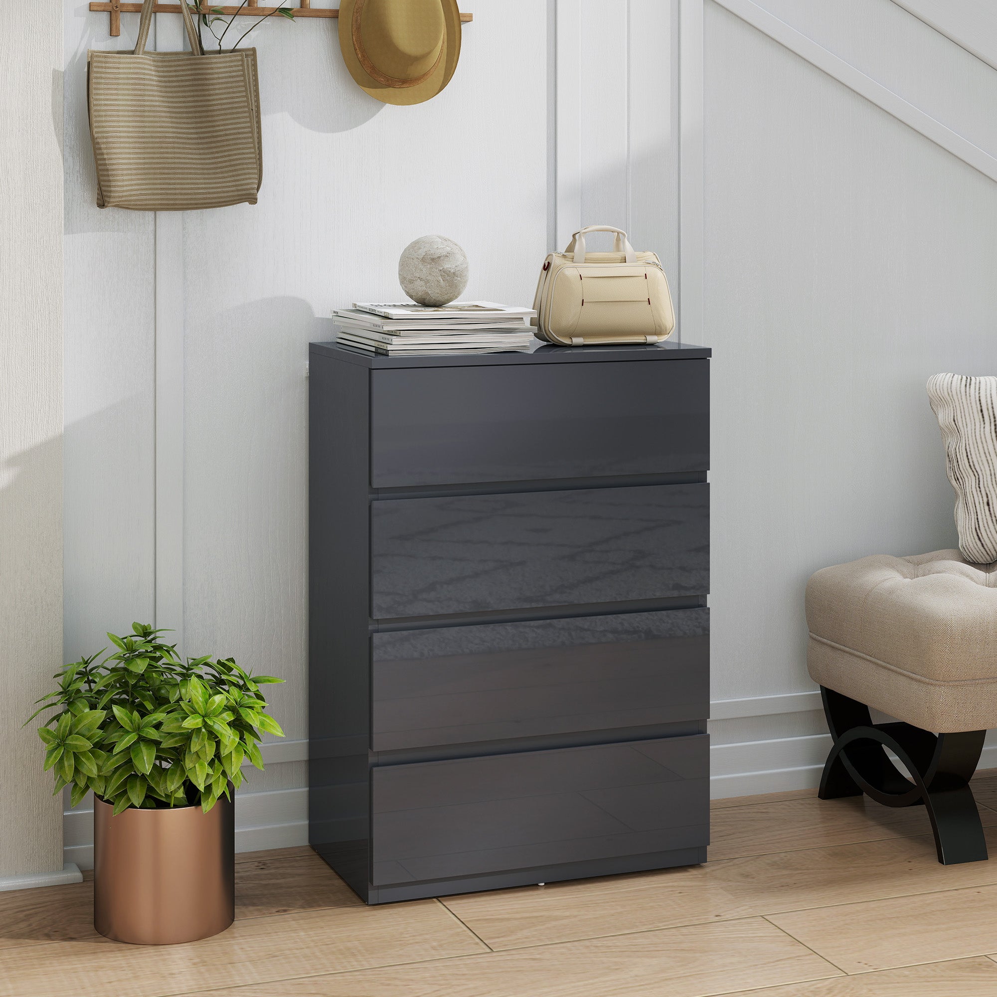 HOMCOM High Gloss Chest of Drawers, 4-Drawer Storage Cabinets, Modern Dresser for Bedroom, Grey 