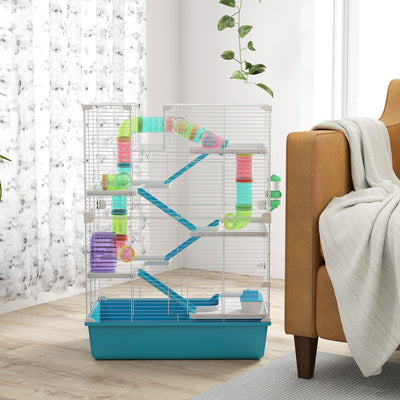 PawHut 6 Tier Hamster Cage, Small Animal Cage with Tubes, Exercise Wheel, Ramps, Hut, Food Dish, Water Bottle, Light Blue 