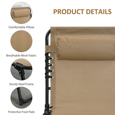 Outsunny Portable Sun Lounger Set of 2, Folding Camping Bed Cot, Reclining Lounge Chair 5-position Adjustable Backrest with Side Pocket, Pillow for Patio Garden Beach Pool, Beige 