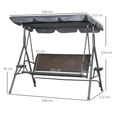 Outsunny 3 Seater Swing Chair, Garden Swing Seat Bench with Adjustable Canopy, Rattan Seat, and Steel Frame for Patio, Yard 