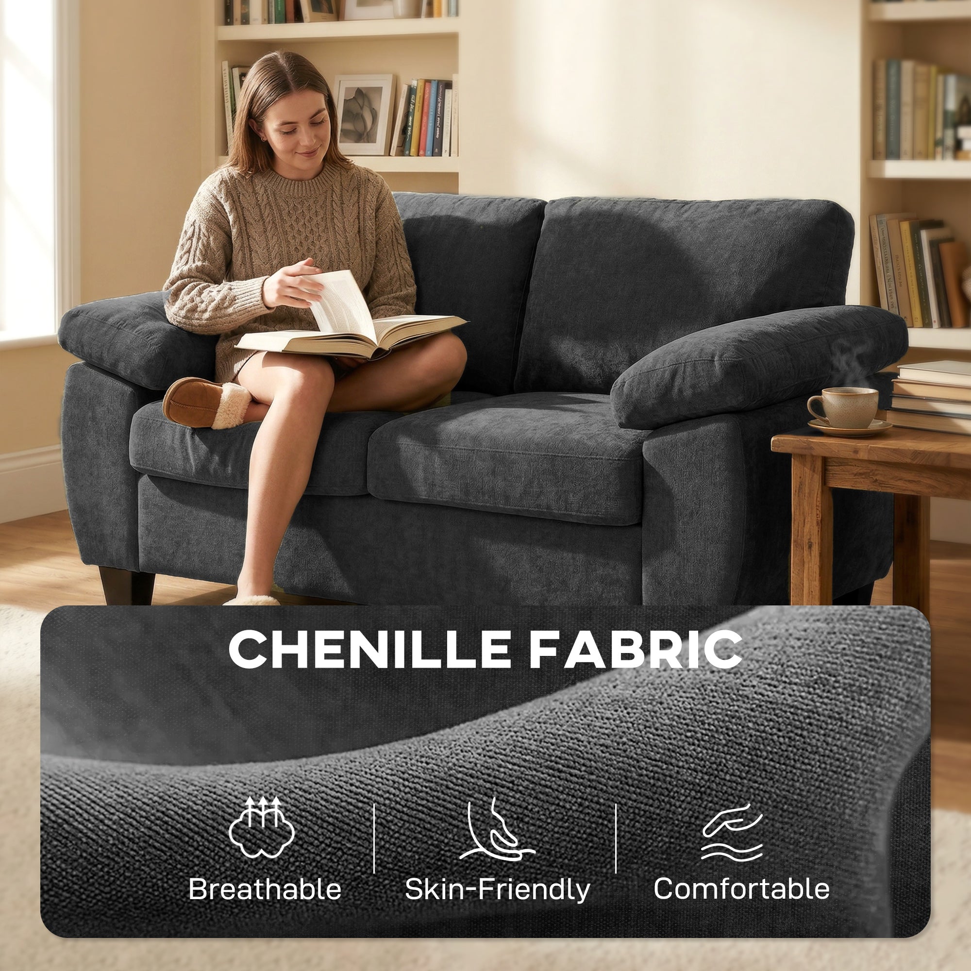 HOMCOM 2 Seater Sofa, 156cm Chenille Loveseat Sofa, Dark Grey 