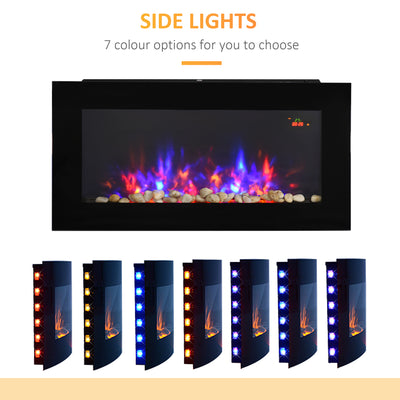 HOMCOM LED Wall Mounted Fireplace Curved Glass Electric Fire Place for Living Room, 1000W/2000W, 48H x 90.8W x 11.5Dcm, Black 