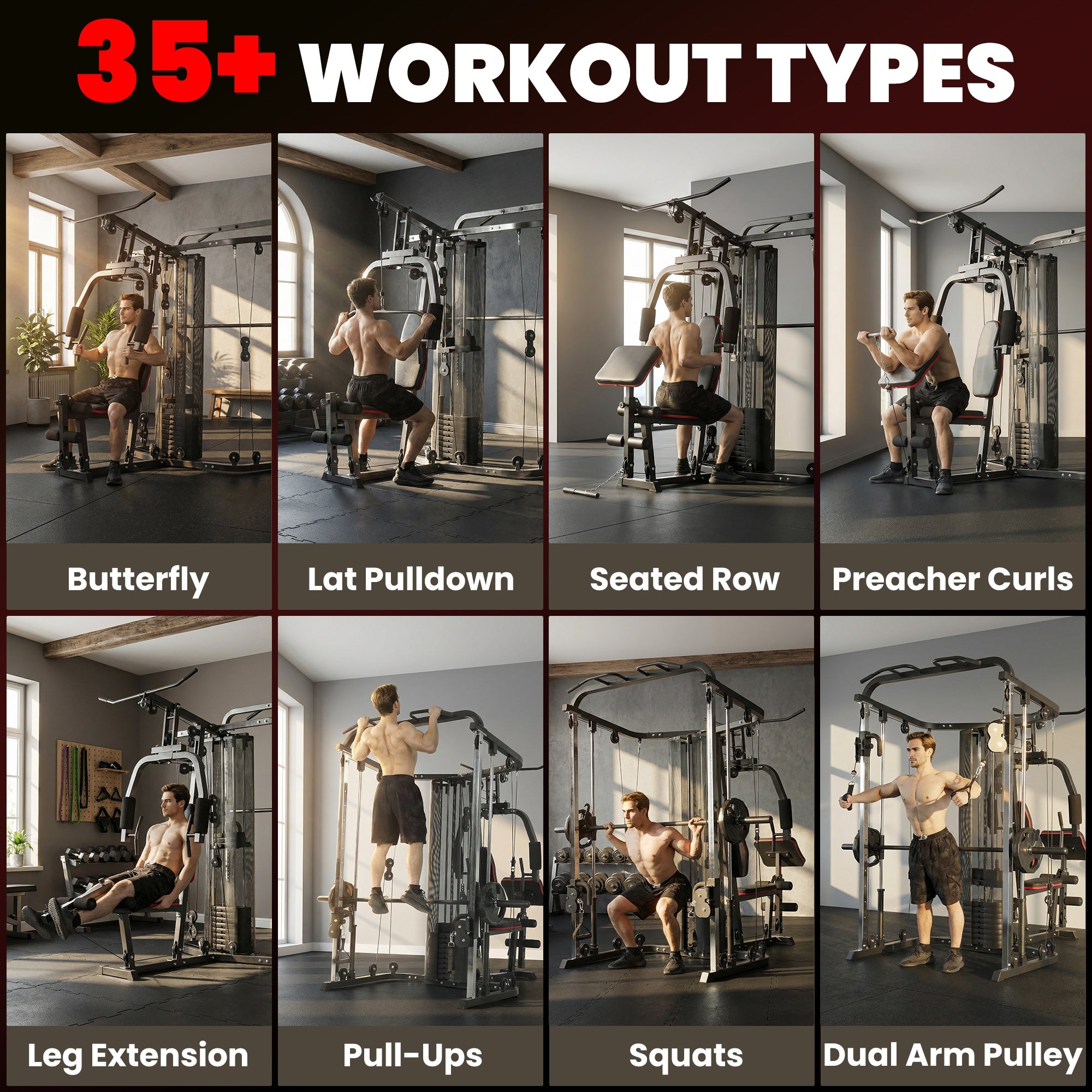 SPORTNOW Home Multi Gym Smith Machine with 65kg Weight Stack, Cable Pulley System, Chest Station, Preacher Pad & Leg Developer 