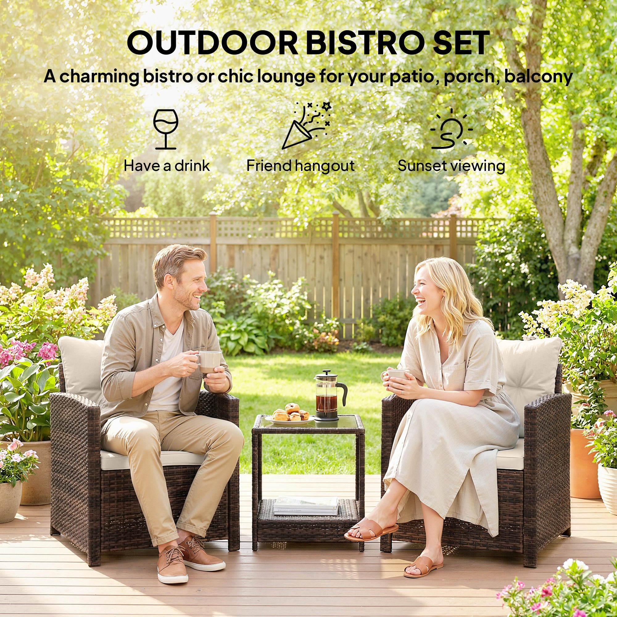 Outsunny Rattan Bistro Set, 3 Piece Garden Furniture Set with 2 Tier Glass Top Table and Cushions, Mixed Brown 