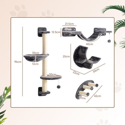 PawHut Four-Piece Cat Wall Furniture, with Hammock, Ladder, Platforms, Steps, for Indoor Use - Dark Grey 