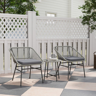 Outsunny 3 Pieces Rattan Bistro Set, Wicker Small Garden Table and Chairs Set with Cushions and Glass Top Coffee Table, Bistro Garden Furniture Set for Outdoor, Patio, Balcony, Light Grey 