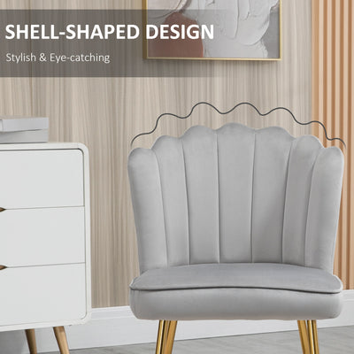 HOMCOM Shell Dining Chairs Set of 2, Upholstered Kitchen Chairs with Gold Metal Legs and Backrest, Velvet Fabric Lounge Leisure Chairs for Living Room, Reception Room, Grey 