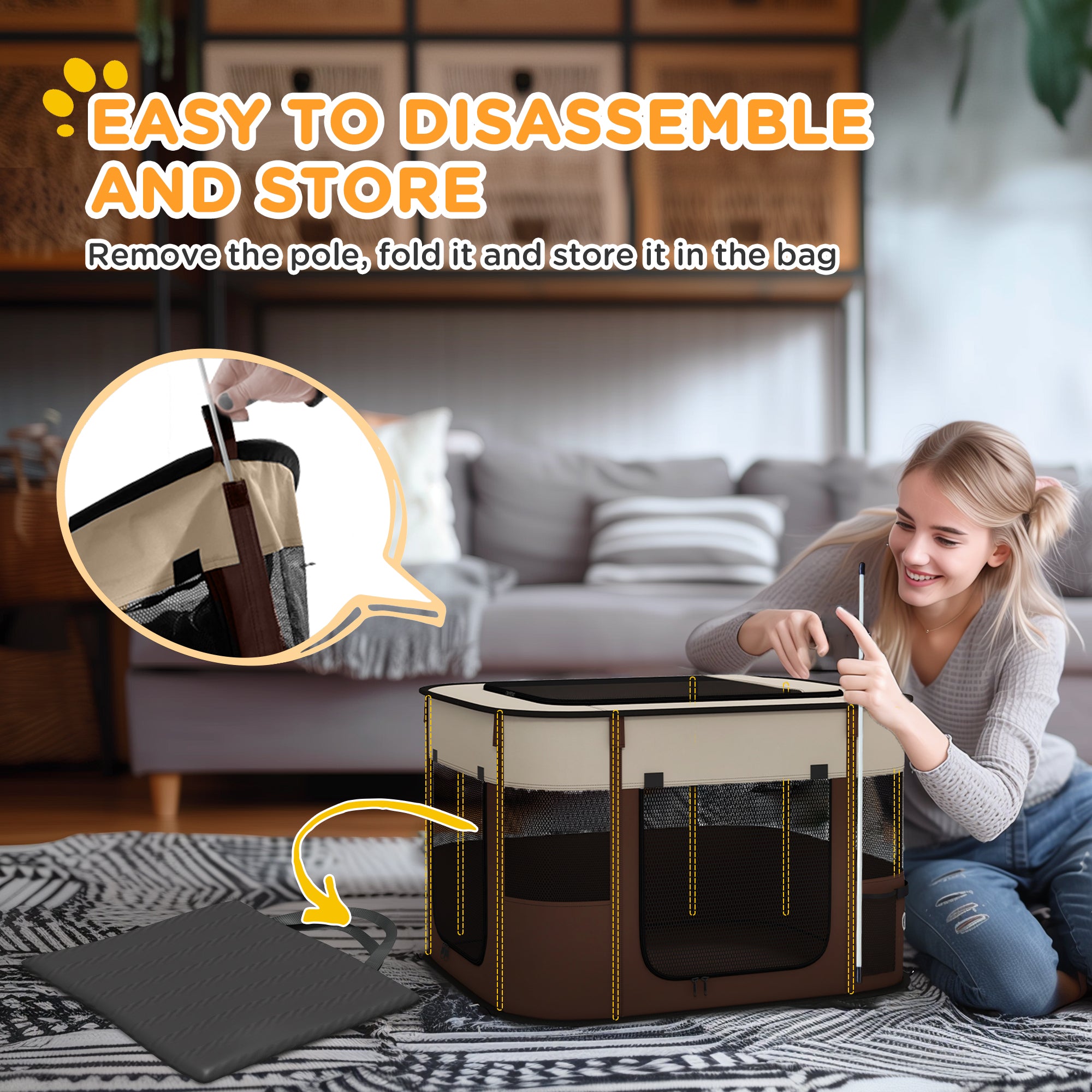 PawHut Foldable Dog Pen with Storage Bag for Indoor/Outdoor Use, Portable Pet playpen, with Ground Stakes - Brown 