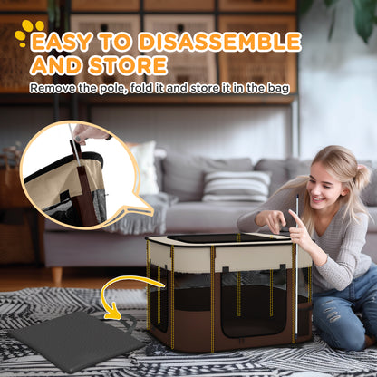 PawHut Foldable Dog Pen with Storage Bag for Indoor/Outdoor Use, Portable Pet playpen, with Ground Stakes - Brown 