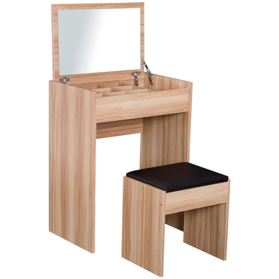 HOMCOM Dressing Table with Mirror and Stool, Vanity Makeup Table with Flip Up Mirror, Vanity Desk with Storage Unit and Padded Seat, Wood 