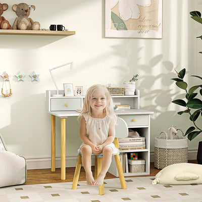 AIYAPLAY Two-Piece Children Study Table with Hutch, Kids Desk and Chair Set with Storage, Drawer, Shelves, Green 