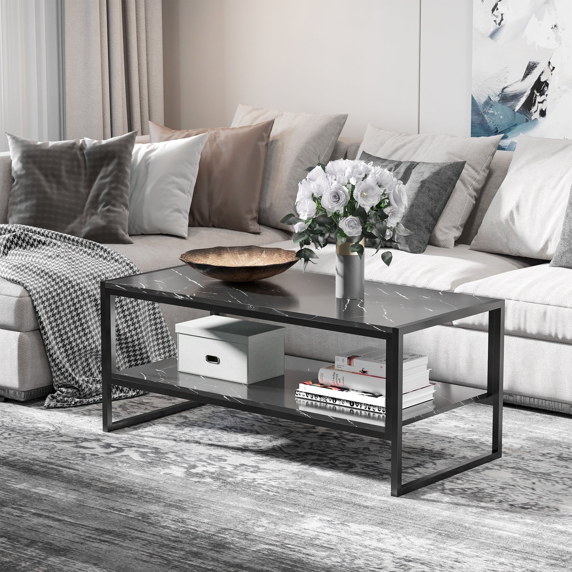 HOMCOM Coffee Table, Two-Tier Marble Centre Table with Metal Frame and Storage Shelf for Living Room, 106 x 50 x 45cm, Black 