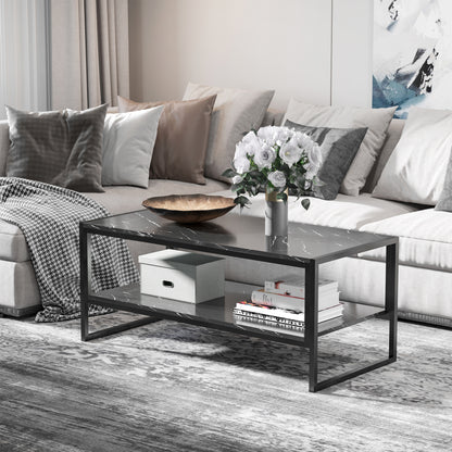 HOMCOM Coffee Table, Two-Tier Marble Centre Table with Metal Frame and Storage Shelf for Living Room, 106 x 50 x 45cm, Black 